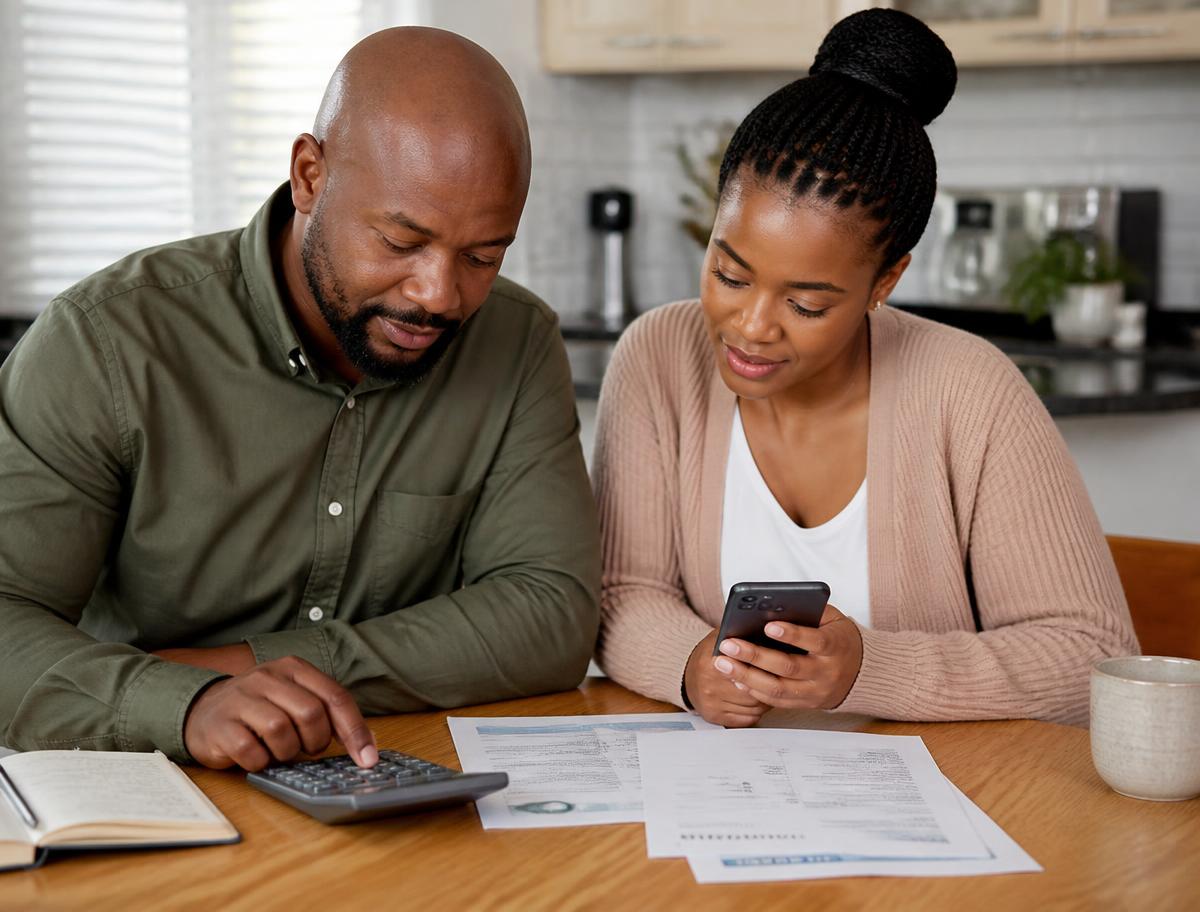 A South African couple reviewing their household budget before applying for a loan, styled with orange and purple a brand chevron pattern
